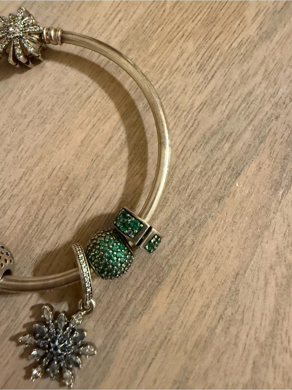 Pandora Silver Bangle with Green Crystal clips and winter theme charms